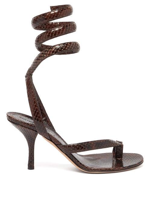 Matchesfashion.com Bottega Veneta - Wraparound Snake-effect Leather Sandals - Womens - Dark Brown