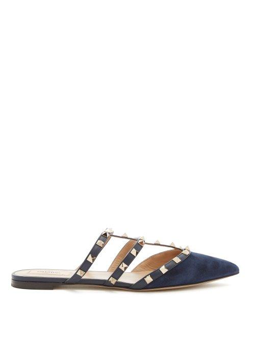 Matchesfashion.com Valentino - Rockstud Backless Suede Flats - Womens - Navy