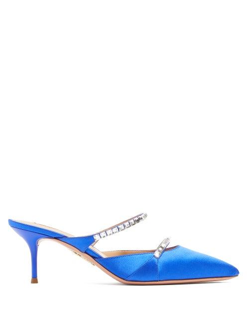 Matchesfashion.com Aquazzura - Diamante 60 Crystal-embellished Satin Mules - Womens - Blue