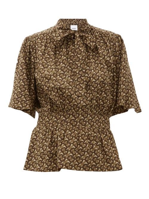 Matchesfashion.com Burberry - Monogram-print Silk Blouse - Womens - Brown