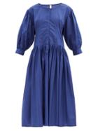 Matchesfashion.com Merlette - Montague Balloon-sleeve Cotton-poplin Midi Dress - Womens - Blue
