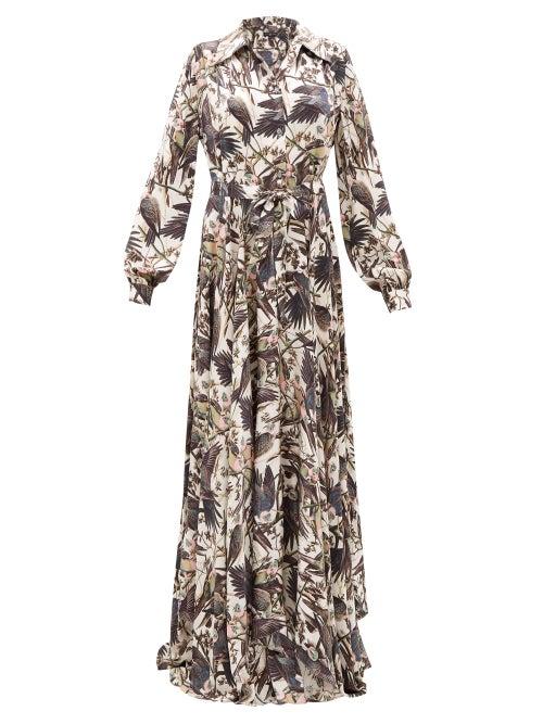 Matchesfashion.com Edward Crutchley - Parrot-print Belted Silk-satin Maxi Dress - Womens - Black Multi