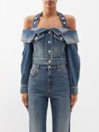 Alexander Mcqueen - Off-the-shoulder Cropped Denim Jacket - Womens - Mid Blue