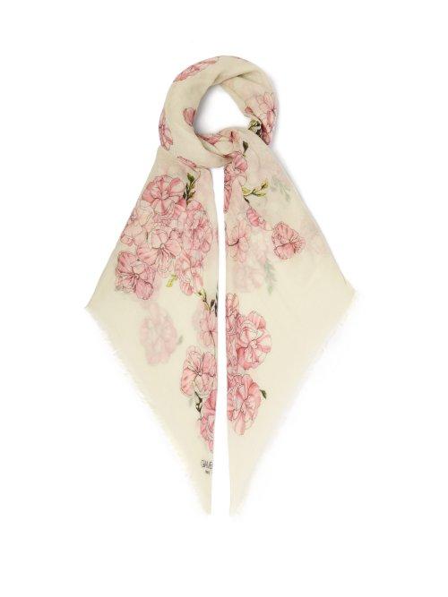 Matchesfashion.com Giambattista Valli - Floral Print Cashmere Faille Scarf - Womens - Ivory
