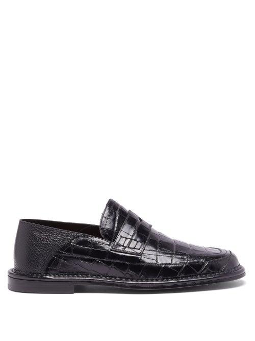 Mens Shoes Loewe - Crocodile-effect Leather Penny Loafers - Mens - Black