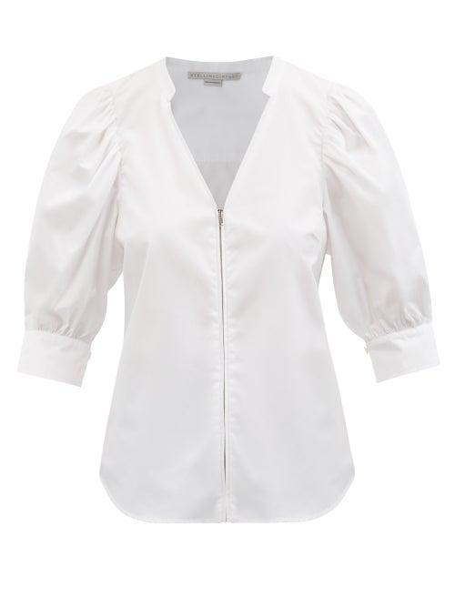 Ladies Rtw Stella Mccartney - Rose V-neck Short-sleeved Cotton Poplin Shirt - Womens - White