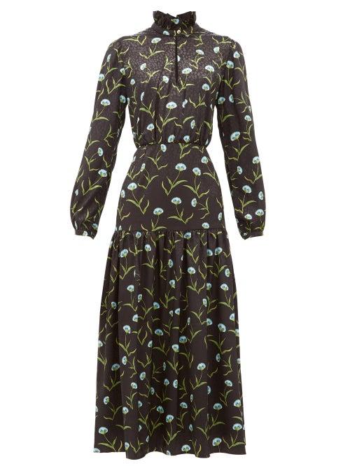 Matchesfashion.com Borgo De Nor - Eugenia Floral Print Satin Jacquard Midi Dress - Womens - Black Blue