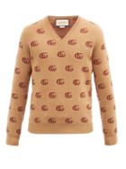 Matchesfashion.com Gucci - V-neck Gg-jacquard Wool Sweater - Mens - Beige