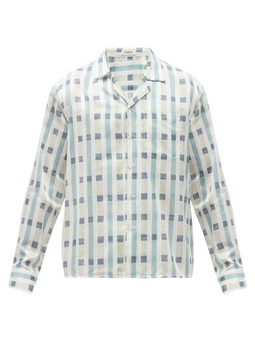 Matchesfashion.com Commas - Cuban-collar Art Deco-check Silk-blend Shirt - Mens - Blue Multi