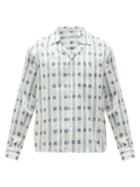 Matchesfashion.com Commas - Cuban-collar Art Deco-check Silk-blend Shirt - Mens - Blue Multi