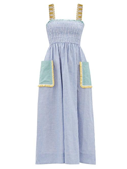 Ladies Beachwear Rhode - Ollie Striped Cotton-blend Hopsack Dress - Womens - Blue Stripe