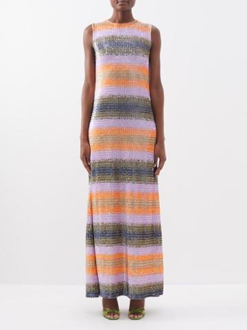 Ashish - Striped Sequinned-cotton Sleeveless Gown - Womens - Orange Multi