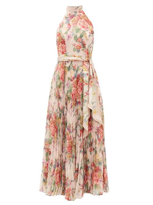 Matchesfashion.com Zimmermann - Wavelength Halterneck Floral-print Crepe Dress - Womens - Pink Print