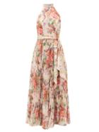 Matchesfashion.com Zimmermann - Wavelength Halterneck Floral-print Crepe Dress - Womens - Pink Print