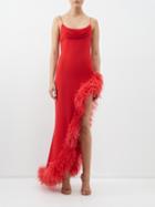 Alessandra Rich - Asymmetric Feather-trim Silk-georgette Gown - Womens - Red
