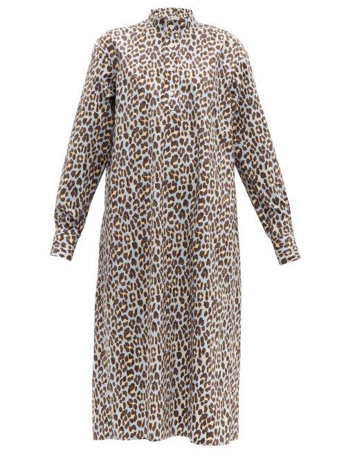 Matchesfashion.com Connolly - Mandarin Collar Leopard Print Cotton Shirtdress - Womens - Blue Multi