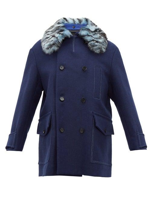 Matchesfashion.com Marni - Double Breasted Shearling Collar Wool Blend Coat - Mens - Blue