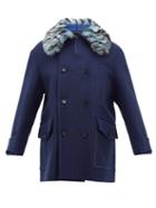 Matchesfashion.com Marni - Double Breasted Shearling Collar Wool Blend Coat - Mens - Blue