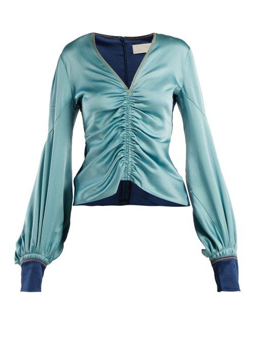 Matchesfashion.com Peter Pilotto - Ruched Satin V Neck Blouse - Womens - Blue