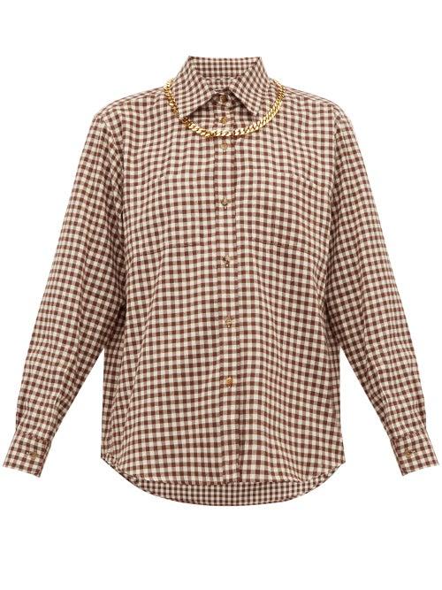 Matchesfashion.com Burberry - Chain Trim Gingham Cotton Flannel Shirt - Womens - Brown Print