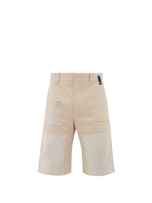 Matchesfashion.com Fendi - Patchwork Suede And Twill Shorts - Mens - Cream