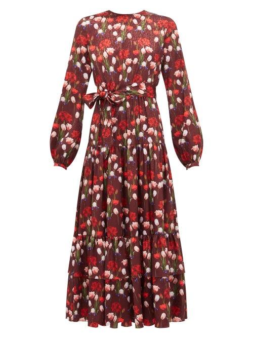 Matchesfashion.com Borgo De Nor - Augustina Floral Print Jacquard Satin Midi Dress - Womens - Burgundy