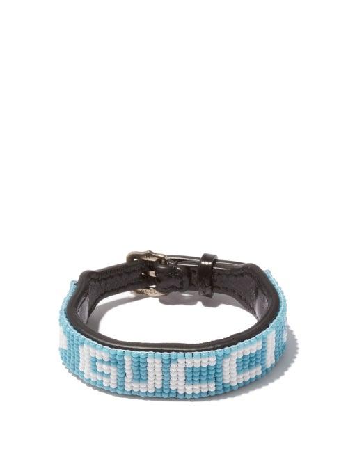Gucci - Beaded-logo Leather Bracelet - Womens - Blue White