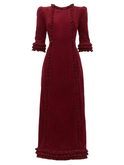 Matchesfashion.com The Vampire's Wife - Cate Ruffle Trim Corduroy Cotton Midi Dress - Womens - Burgundy
