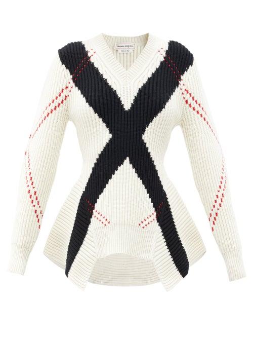 Matchesfashion.com Alexander Mcqueen - Peplum Argyle-knit Wool-blend Sweater - Womens - Ivory
