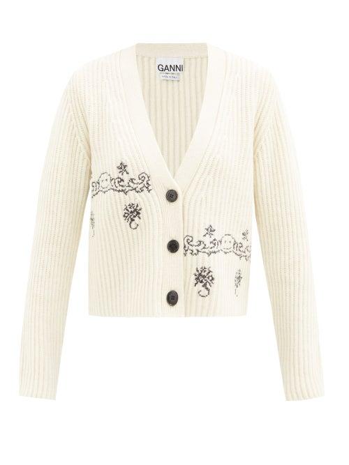 Matchesfashion.com Ganni - Smiling Face-embroidered Wool-blend Cardigan - Womens - Cream
