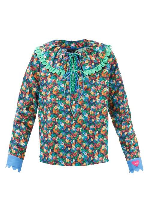 Horror Vacui - Luca Floral-print Cotton-poplin Blouse - Womens - Blue Multi