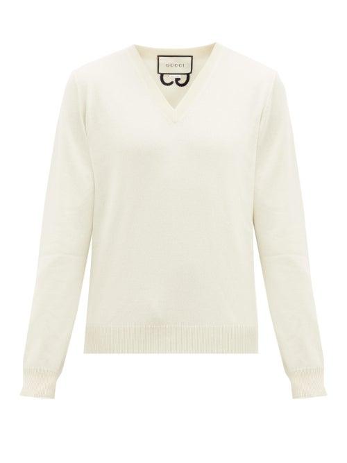 Matchesfashion.com Gucci - Gg-embroidered V-neck Cashmere Sweater - Mens - White