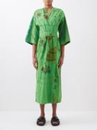 By Walid - Clara Vintage Patchwork Linen Midi Dress - Womens - Green