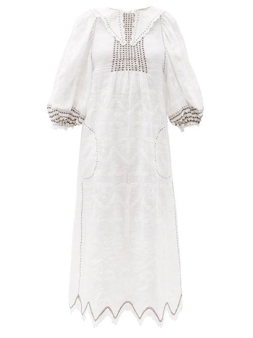 Matchesfashion.com Vita Kin - Addicted To Love Embroidered Linen Midi Dress - Womens - White