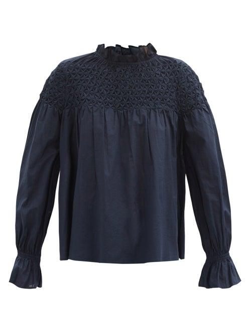 Matchesfashion.com Merlette - Majorelle Smocked-yoke Cotton-poplin Blouse - Womens - Navy