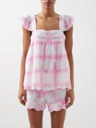 Juliet Dunn - Dye-check Ruffle-sleeve Cotton Top - Womens - Pink White