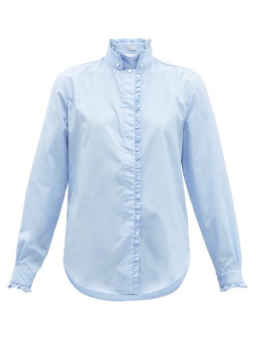 Matchesfashion.com Officine Gnrale - Melody Ruffled Trim Stand Collar Cotton Shirt - Womens - Light Blue