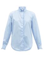 Matchesfashion.com Officine Gnrale - Melody Ruffled Trim Stand Collar Cotton Shirt - Womens - Light Blue