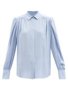 Another Tomorrow - Point Collar Gathered Crepe Blouse - Womens - Light Blue