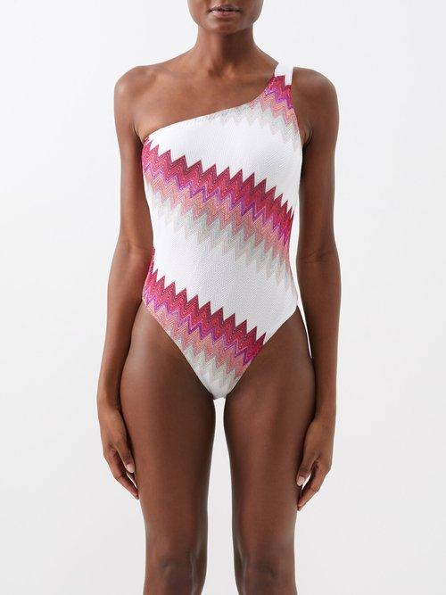 Missoni - One-shoulder Chevron Swimsuit - Womens - White Red