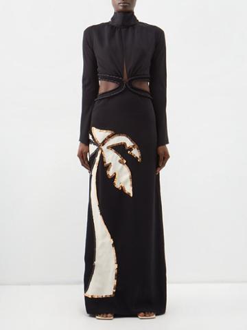 Johanna Ortiz - Ceilo Produndo Sequinned-palm Crepe Maxi Dress - Womens - Black Print