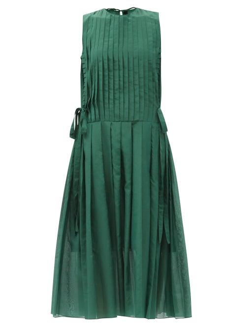 Matchesfashion.com Sara Lanzi - Pleated Cotton-blend Voile Midi Dress - Womens - Green