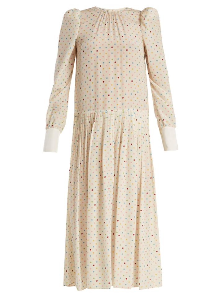 Miu Miu Polka-dot Print Long-sleeved Silk Dress