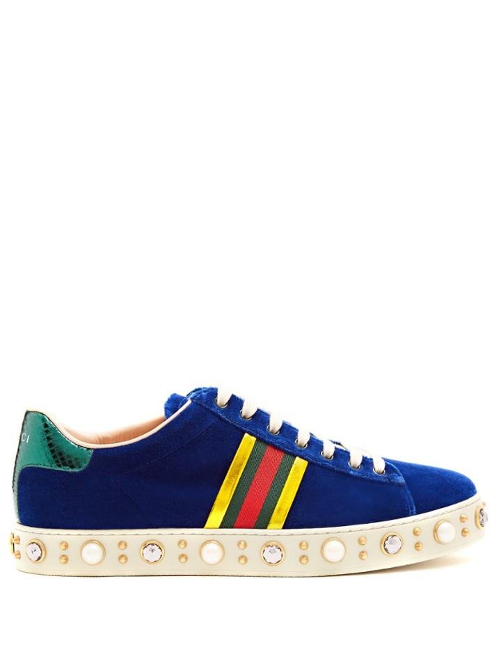 Gucci New Ace Faux-pearl And Crystal Velvet Trainers