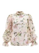 Matchesfashion.com Dolce & Gabbana - Lilium Print Silk Organza Blouse - Womens - Pink