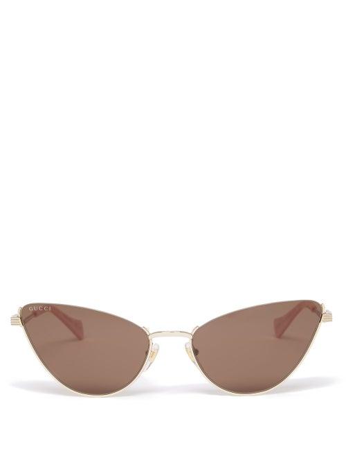 Gucci - Cat-eye Metal Sunglasses - Womens - Gold Brown