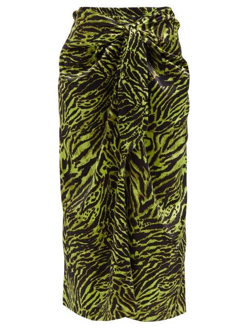 Matchesfashion.com Ganni - Knotted Zebra Print Satin Midi Skirt - Womens - Animal