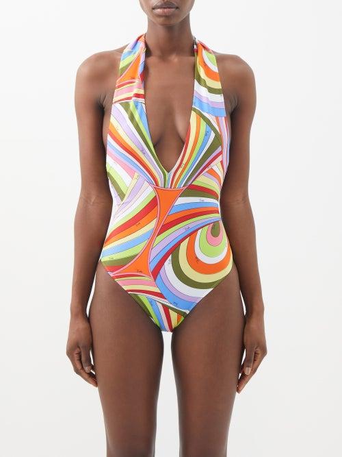 Pucci - Iride-print Plunge-neck Swimsuit - Womens - Multi