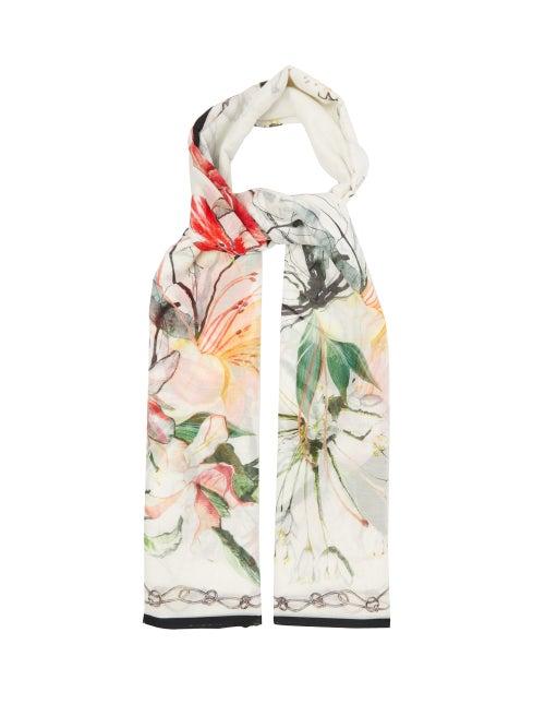 Matchesfashion.com Alexander Mcqueen - Floral-print Cotton-blend Voile Scarf - Womens - Ivory