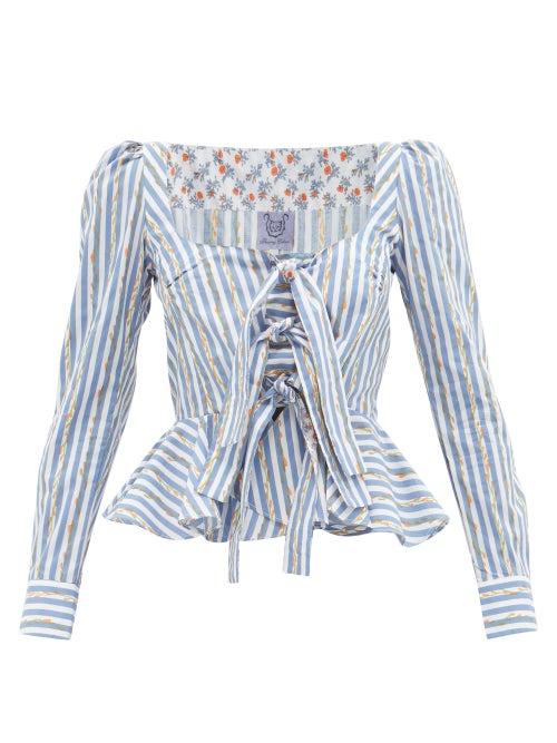 Thierry Colson - Yaz Lace-up Floral-print Cotton-poplin Blouse - Womens - Blue Multi